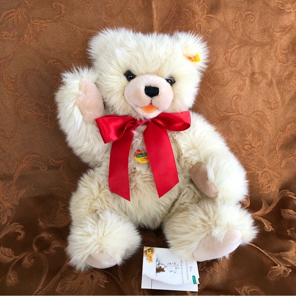 Steiff FRANZ 14” Cream Color Teddy Bear w Red Bow #669354NWT RETIRED